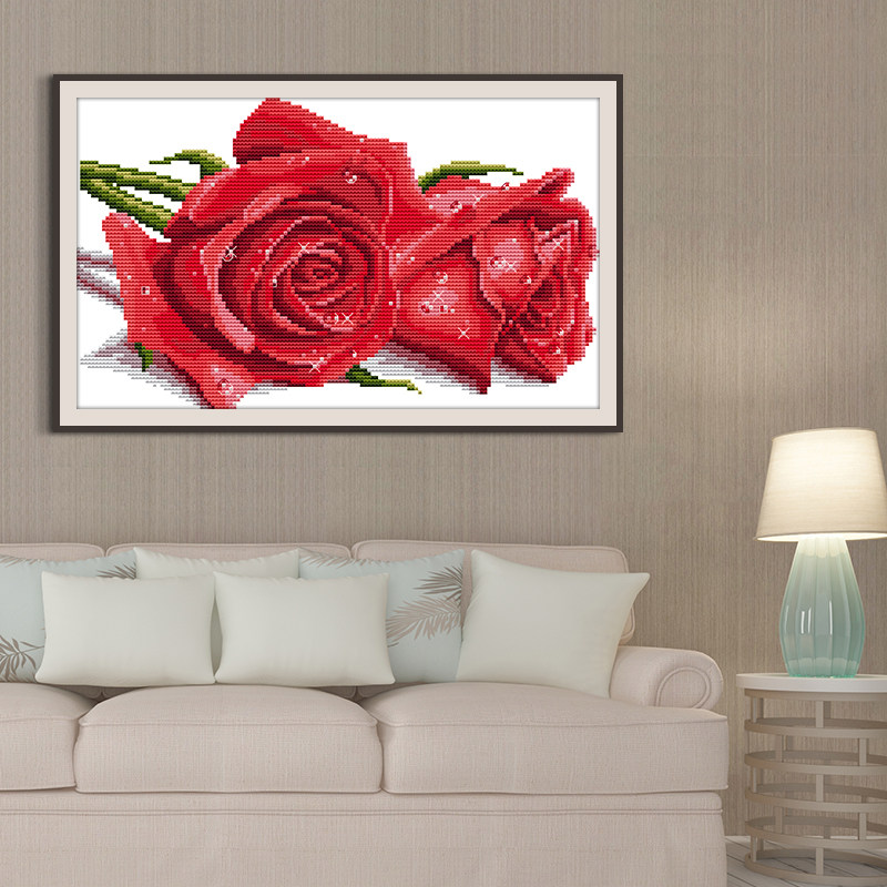 红玫瑰花十字绣情侣浪漫线绣卧室2026新款挂画简单自己绣手工刺绣