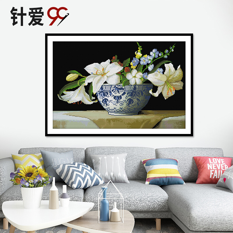 香水百合十字绣 清新花卉 2023新款餐厅饭厅挂黑底百合花欧式油画