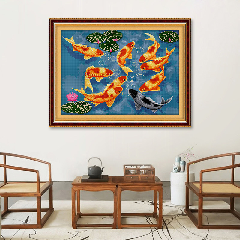 九鱼荷花图钻石画 满钻新款 客厅十字绣九条鱼钻石秀全贴年年有余