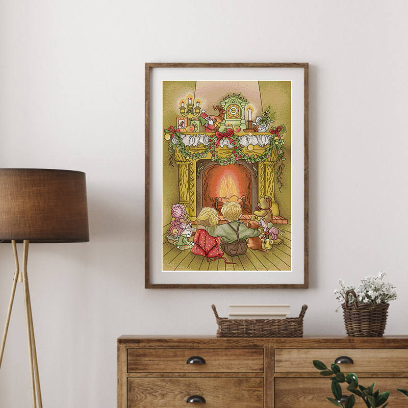 圣诞节壁炉温馨兄妹人物十字绣2023年新款线绣客厅卧室儿童房挂画