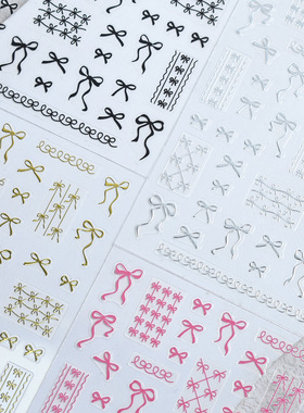 高级感美甲飘带蝴蝶结贴纸黑白金银色薄韧款日式轻奢指甲贴花饰品