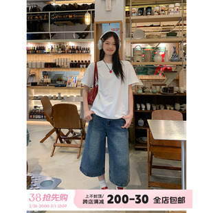 新款 高腰寬松闊腿褲 女七分褲 直筒百搭中褲 夏季 復古藍牛仔褲