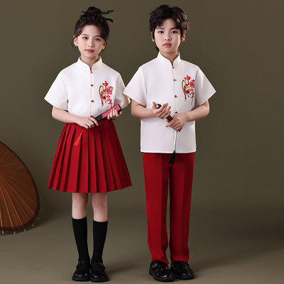 国庆儿童合唱演出服中国风中小学生诗歌朗诵歌唱祖国红歌表演服装