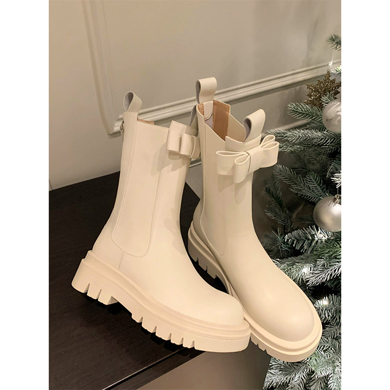 [MR.JIMMY] 리본 두꺼운 밑창 화이트 미드 송아지 부츠 2022 신작 첼시부츠 마틴부츠 굴뚝부츠