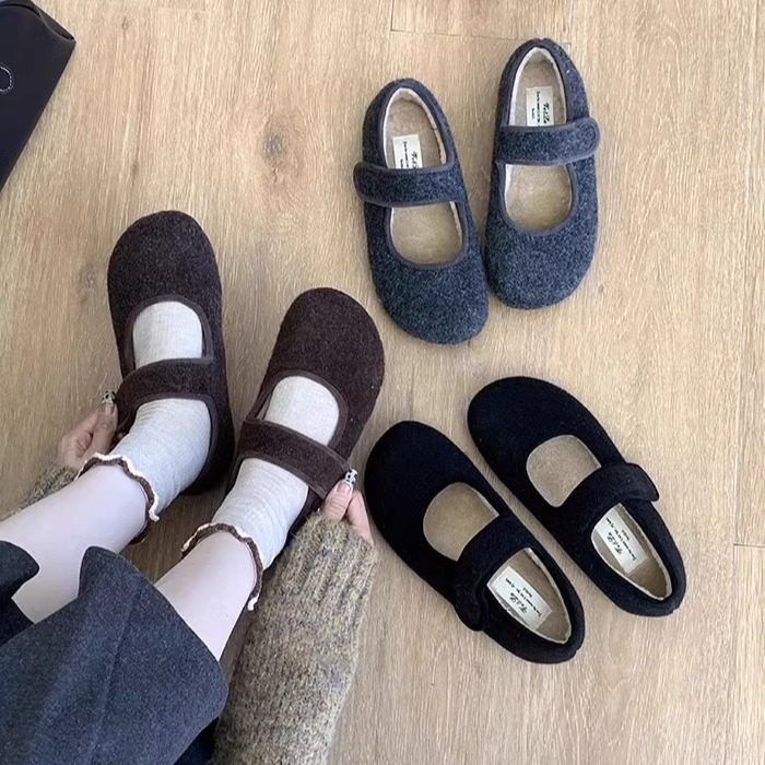 魔术贴灰色毛毛鞋女冬外穿新款加绒单鞋保暖棉鞋平底玛丽珍豆豆鞋,女鞋,浅口单鞋,淘宝优惠券,粉丝福利购,淘宝优惠卷