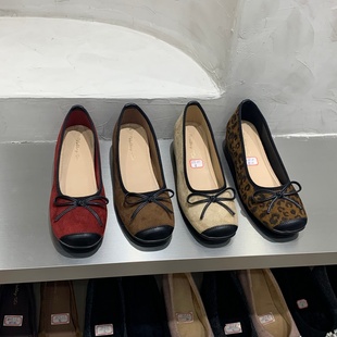 内增高绒面豹纹单鞋女鞋子2025新款春秋季法式蝴蝶结芭蕾舞晚晚鞋