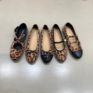 圆头蝴蝶结一脚蹬奶奶鞋 女2026年新款 浅口平底豹纹玛丽珍单鞋 韩版