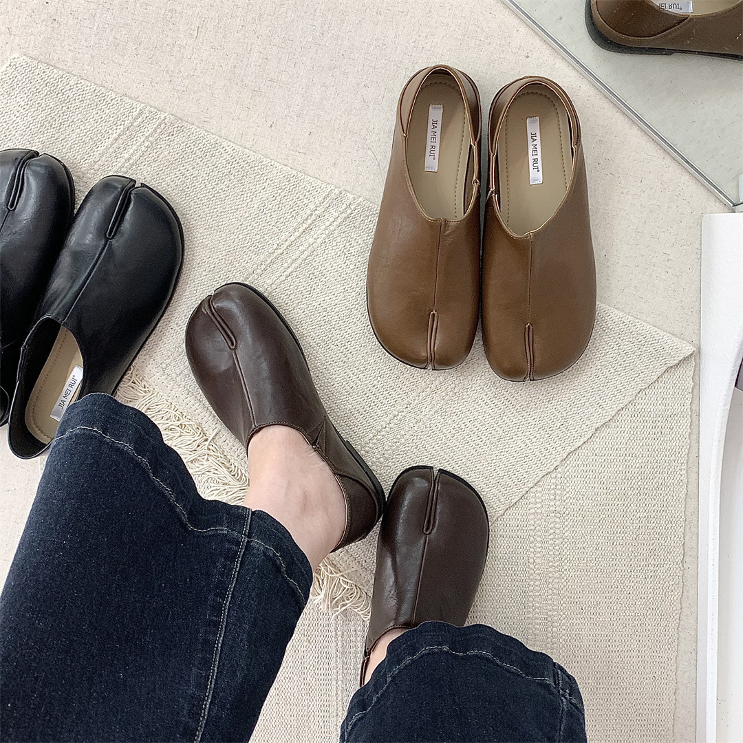 牛皮版！分趾猪脚单鞋女秋季新款法式复古休闲小皮鞋软平底乐福鞋