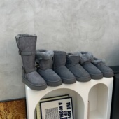 2025新款 冬季 毛毛鞋 真皮厚底灰色雪地靴女款 加绒加厚保暖百搭棉鞋