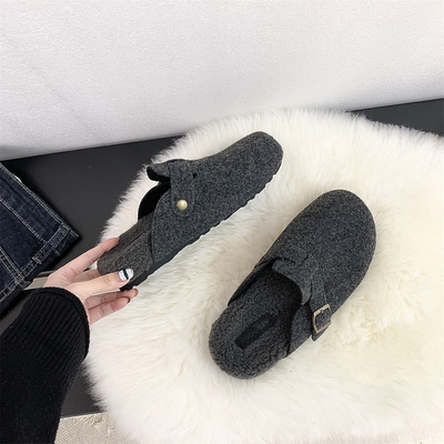 灰色毛毛鞋女厚底勃肯鞋加绒