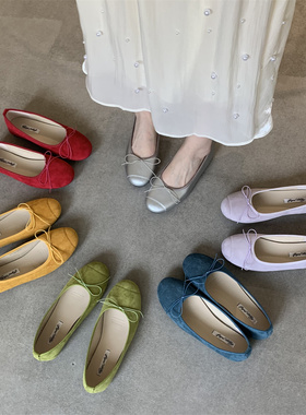 法式温柔晚晚风蝴蝶结平底单鞋女2026新款浅口复古黄色芭蕾鞋瓢鞋