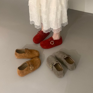 休闲风反绒皮勃肯鞋女搭扣一脚蹬软底懒人百搭单鞋内增高真皮女鞋