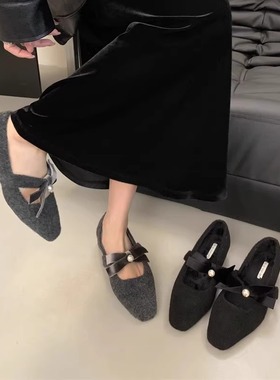 法式粗跟灰色单鞋配裙子晚晚鞋女鞋子2025秋冬季加绒玛丽珍毛毛鞋