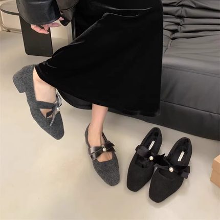 法式粗跟灰色单鞋配裙子晚晚鞋女鞋子2025秋冬季加绒玛丽珍毛毛鞋