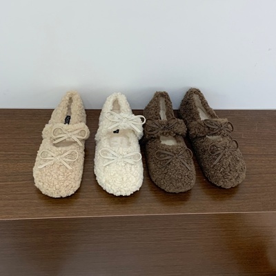 平底蝴蝶结玛丽珍羊羔毛毛鞋女2025新款秋冬仙女芭蕾加绒棉鞋单鞋