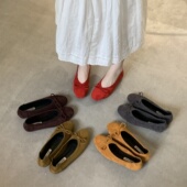 韩版 女 一脚蹬平底芭蕾单鞋 百搭复古绒面圆头浅口豆豆鞋 蝴蝶结瓢鞋