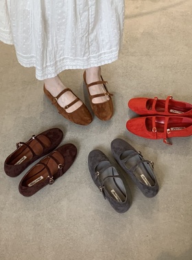 法式复古圆头绒面玛丽珍鞋子镂空一字扣带瓢鞋浅口平底芭蕾单鞋女