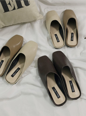 包头大码2026韩国订单简约风方头纯色中口半拖鞋懒人鞋平底凉拖女