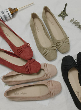 2026韩新款 圆方头芭蕾舞鞋 绒面浅口单鞋 蝴蝶结平底鞋 大码多色