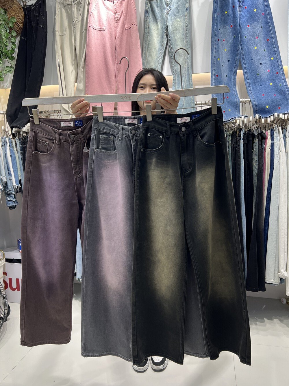 韩国秋季新款设计感高腰宽松复古扎染工装直筒阔腿拖地牛仔裤潮女