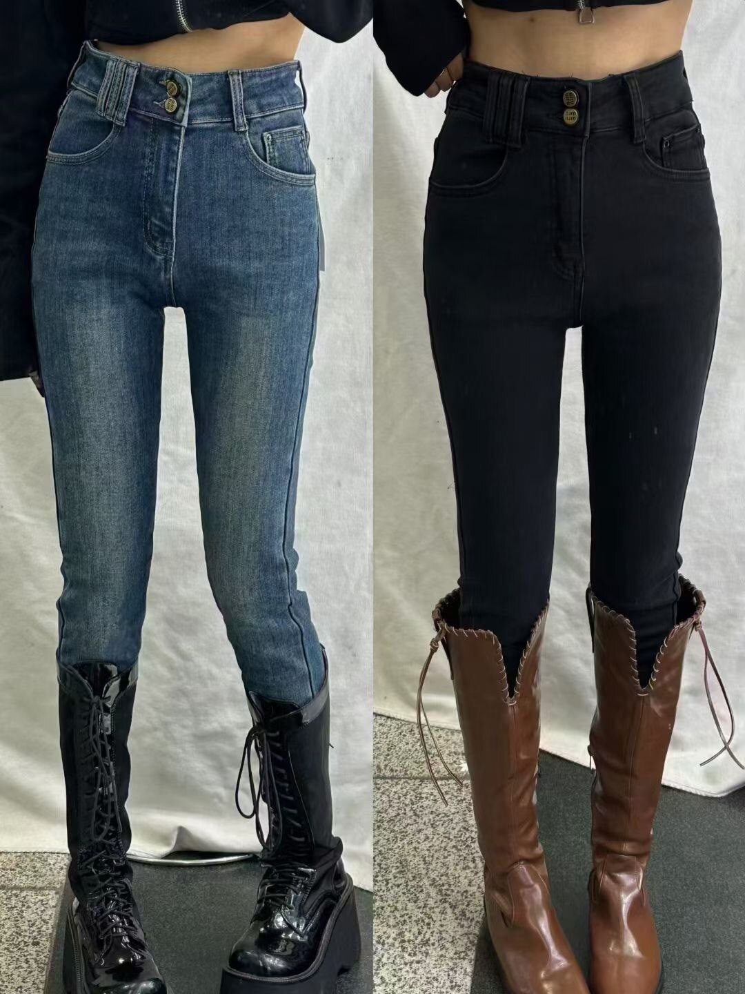 韩国FSY秋冬新款植绒保暖百搭辣妹高腰紧身显瘦小脚铅笔牛仔裤女