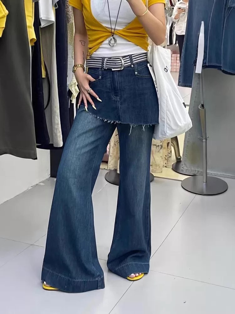 设计感假两件女2025秋季新款高腰显瘦宽松百搭休闲阔腿微喇牛仔裤