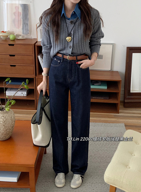 THLin2024年秋冬新款植绒加厚高腰显瘦直筒百搭阔腿拖地牛仔裤女