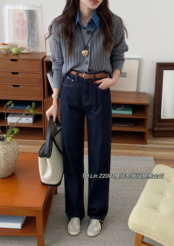 THLin2024年秋冬新款植绒加厚高腰显瘦直筒百搭阔腿拖地牛仔裤女