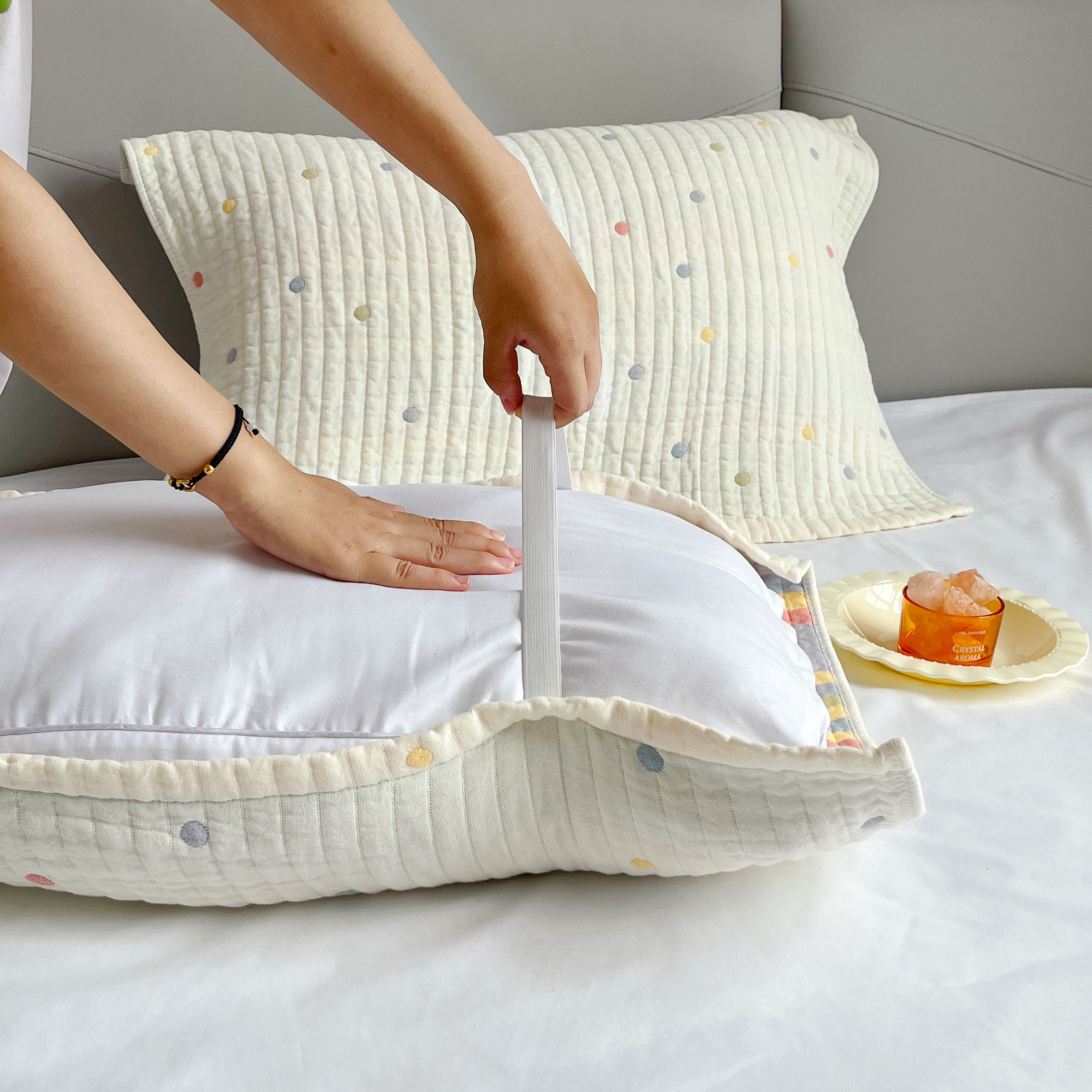 新款全棉纱布卡通枕巾家用绑带款可固定盖巾柔软透气成人大枕头巾