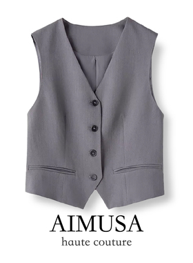 AIMUSA 26春季极简风灰色西装马甲女新款设计感小众无袖坎肩马夹