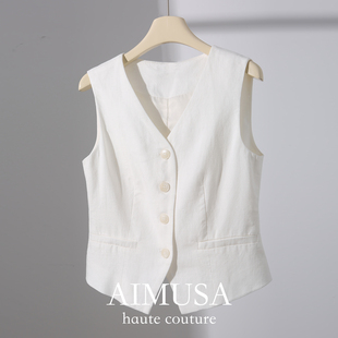 AIMUSA 26年白色V领高端亚麻马甲背心女夏薄款时髦洋气无袖马夹