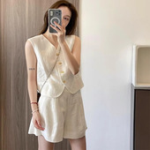 25夏季 薄款 亚麻老钱风马甲短裤 AIMUSA 套装 女夏气质通勤棉麻马夹