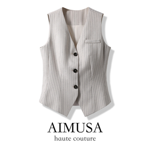 老钱风条纹西装 春季 马甲女V领单排扣叠穿背心马夹 26年新款 AIMUSA