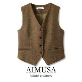 马夹 坎肩叠穿西装 AIMUSA 25秋冬美拉德毛呢马甲女秋冬加厚无袖