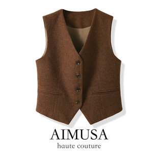 马甲背心女秋冬加厚叠穿马夹 老钱风咖色羊毛呢西装 AIMUSA 26新款
