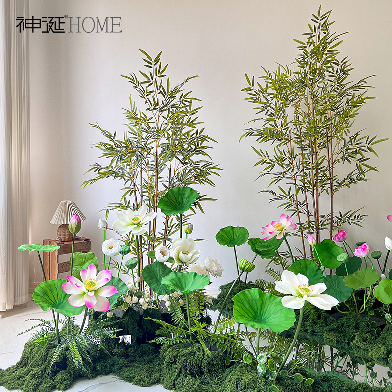 莲花荷花彷真花造景入户美陈场景布置假绿植户外庭院假花植物摆件