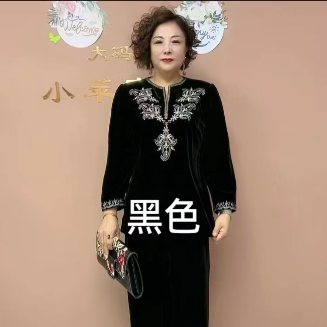 早秋新款长袖金丝绒中老年女装打底小衫女中年妈妈大码遮肉套装