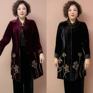 秋冬新款中老年时尚外套高级重工烫钻金丝绒上衣中长款高端妈妈装