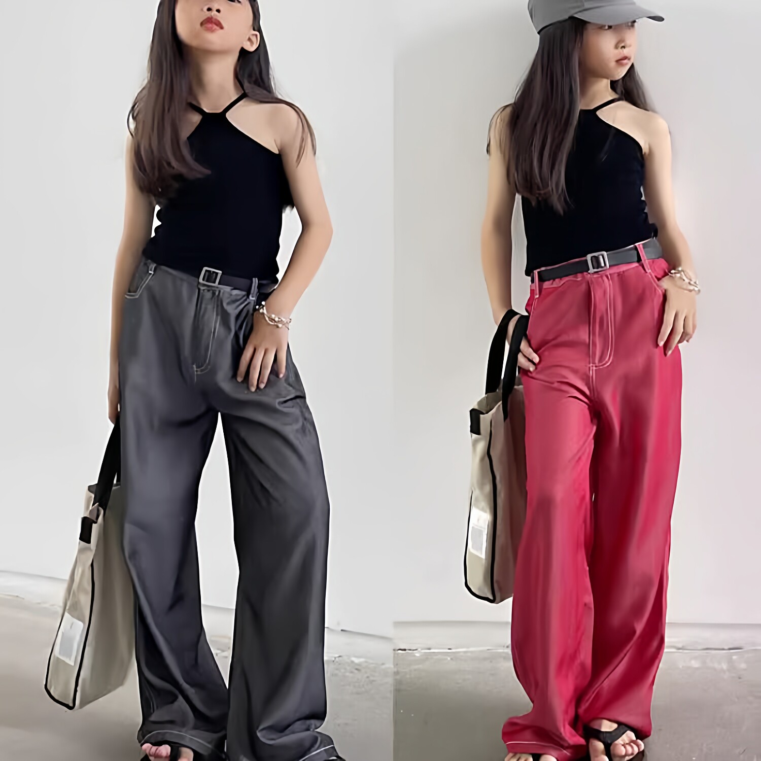 豆丁奇遇儿童黑色仿牛仔薄款阔腿裤红色女童大童裤子炸街童装夏季