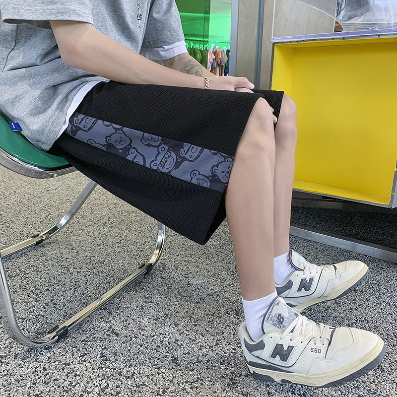 2026夏季自制华夫格侧边小熊印花拼接短裤XZ604-KP65-P30控39,男装牛仔裤,星座604