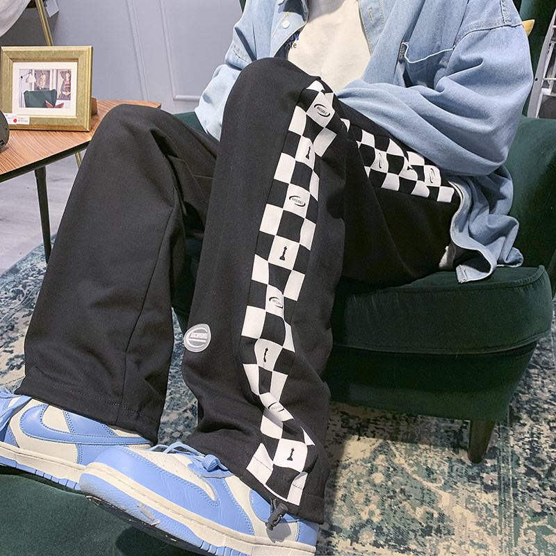 推荐！2026春季新款棋盘格印花胶标休闲裤长裤XZ604-KP58-P55控68,男装休闲裤,星座604