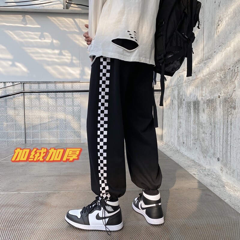 棋盘格印花抽绳卫裤加绒加厚/不加绒XZ604-KP04-P55控68,男装休闲裤,星座604