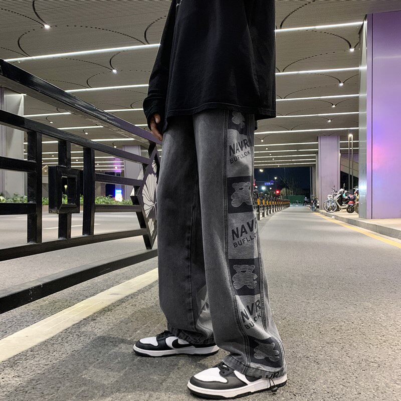 秋季港风新款小熊提花牛仔裤长裤XZ604-KN05-P55控68,男装牛仔裤,星座604