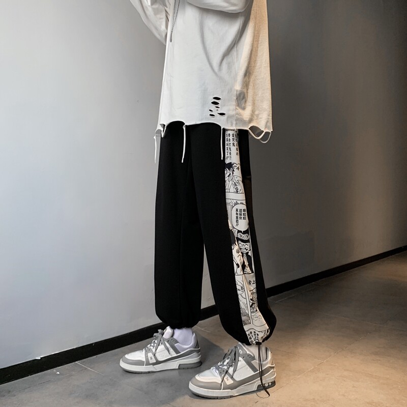 ins港风新款侧边漫画拼接九分宽松抽绳卫裤XZ604-KP23-P45控58,男装休闲裤,星座604