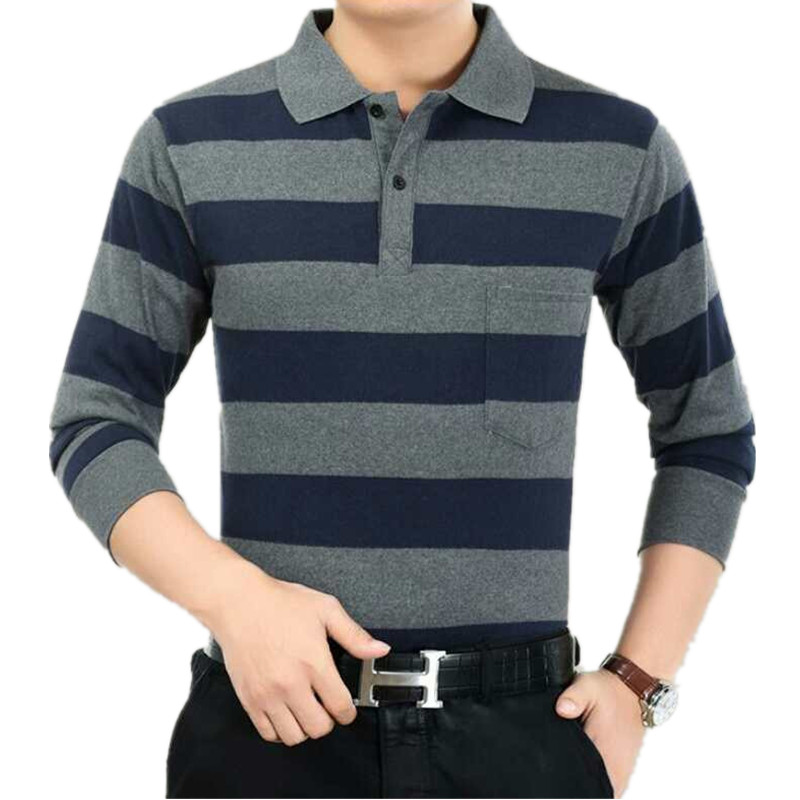 秋季中年男士条纹长袖t恤真口袋纯棉翻领polo衫中老年爸爸装上衣