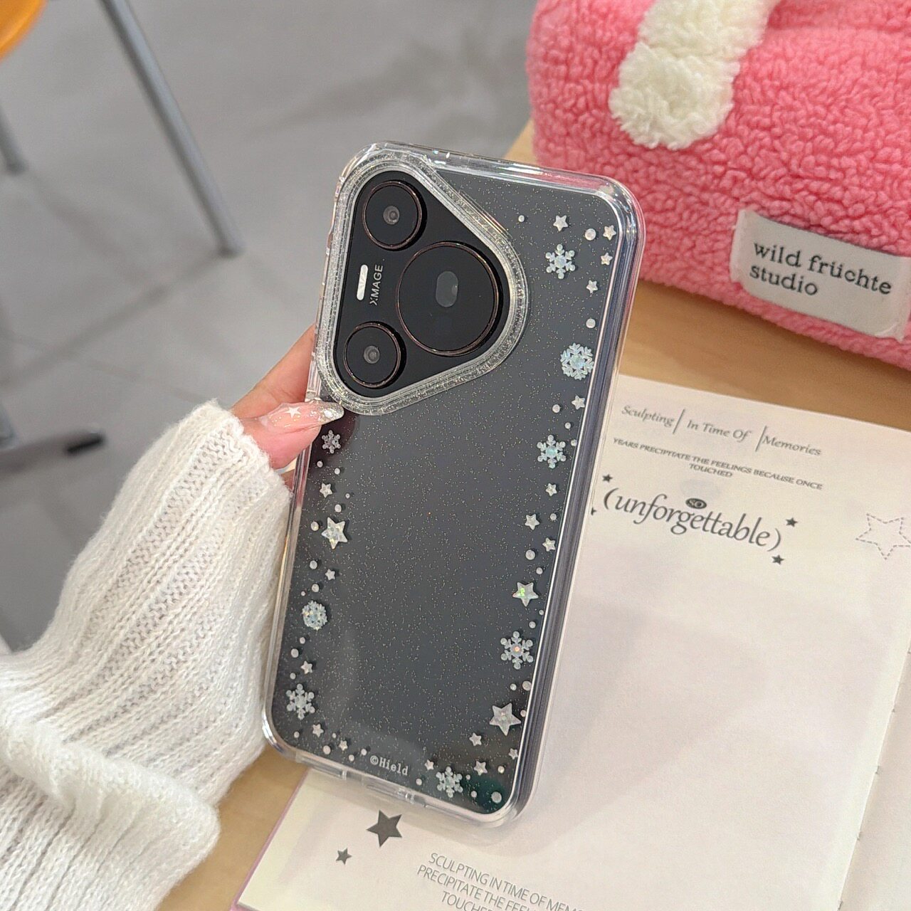 细闪鎏金透色星星雪花适用Huawei华为Mate80promax男女生pura70小众60pro甜美圆边双层IMD镜框加高防摔手机壳