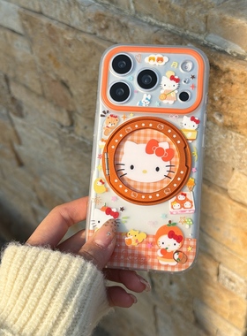 橙色格纹KT猫360旋转支架适用iphone苹果17promax精孔图案16pro男女15可爱卡通包相机键抗指纹磨砂肤感手机壳