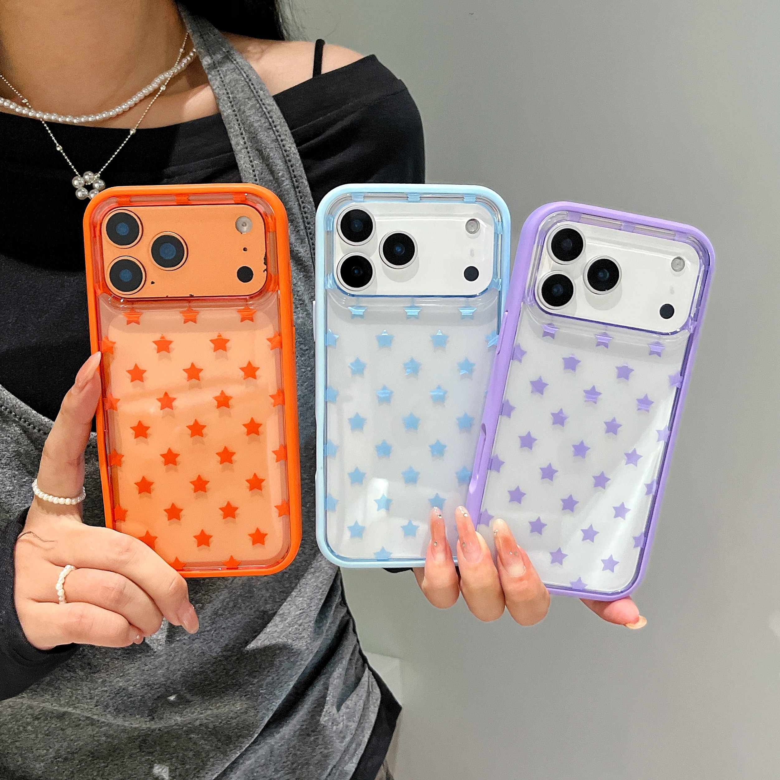 TPU边框亚克力二合一拆换背板适用iphone17pro苹果16promax小众15女生14个性13全屏12星星橙蓝紫高透色手机壳