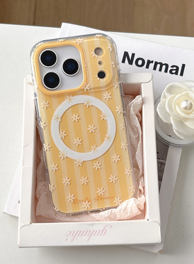 条纹花朵双层IMD圆角软边硬背适用iphone17promax苹果13小众14相机键全包151甜美6pro女生韩系ins磁吸手机壳