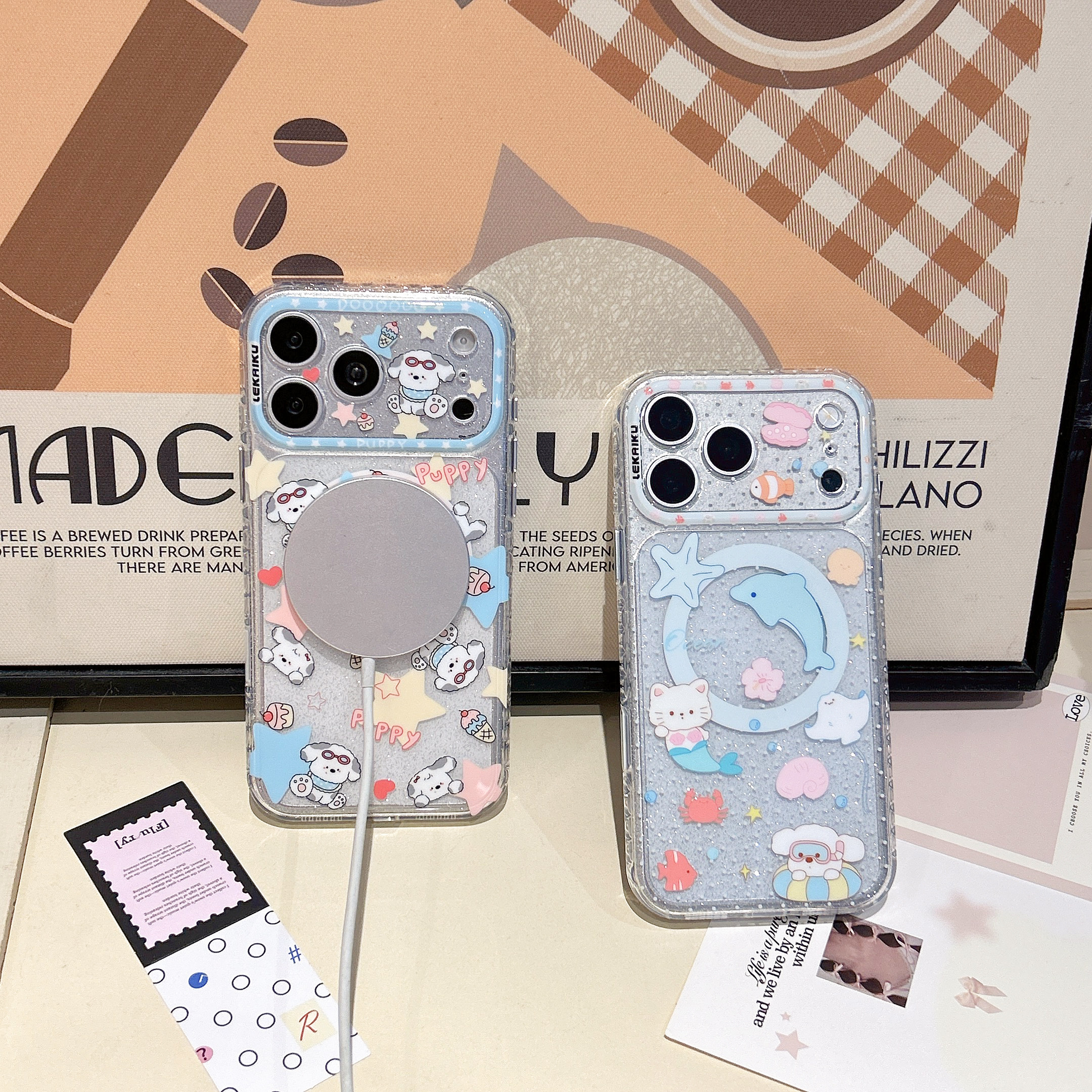 精孔细闪LEKAIKU美人鱼猫咪海豚适用iphone苹果17promax可爱16pro卡通15全包相机ai金属独立键气囊磁吸手机壳